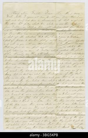 Dieser Brief, den Joseph Aplin Martin am 9. Und 13. November 1862 an Eleanor Kelley verfasste, liefert persönliche Korrespondenz während des Amerikanischen Bürgerkriegs. Es bietet Einblicke in den emotionalen und sozialen Kontext der Zeit, insbesondere aus der Perspektive von Individuen, die mit dem Krieg verbunden sind. Stockfoto