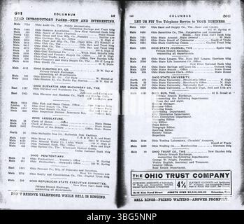 Das Telefonverzeichnis der Columbus Central Union vom Oktober 1908 enthält alphabetische Einträge für Unternehmen und Haushalte in Columbus, Grove City, Hilliard, Linden, Westerville, und West Jefferson. Stockfoto