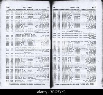 Das Telefonverzeichnis der Columbus Central Union 1908 enthält Auflistungen von Unternehmen und Haushalten in Columbus, Grove City, Hilliard, Linden und Westerville. alphabetisch nach Nachnamen geordnet. Stockfoto