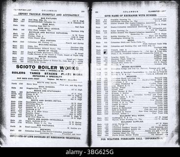 Das Telefonverzeichnis der Columbus Central Union 1908 enthält Namen und Kontaktinformationen für Haushalte und Unternehmen in Columbus und Umgebung wie Grove City, Hilliard, Linden, Westerville und West Jefferson. Stockfoto