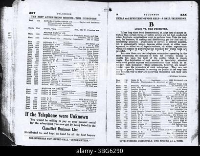 Seite 8 des Columbus Central Union Telefonverzeichnisses 1908 enthält alphabetische Namen von Abonnenten aus verschiedenen Städten in der Nähe von Columbus, die nach Nachnamen aufgelistet sind. Stockfoto