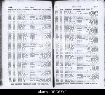 Das Telefonverzeichnis der Columbus Central Union 1908 enthält detaillierte Auflistungen von Haushalten und Unternehmen aus Columbus, Grove City, Hilliard, Linden und Westerville. Die Einträge sind alphabetisch nach Nachnamen angeordnet. Stockfoto