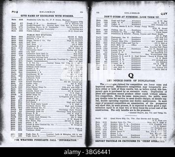 Das Telefonverzeichnis der Columbus Central Union im Oktober 1908 enthält alphabetische Einträge für Haushalte und Unternehmen in Columbus und den umliegenden Gemeinden Grove City, Hilliard, Linden, Westerville und West Jefferson. Stockfoto