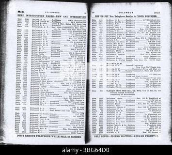 Das Telefonverzeichnis der Columbus Central Union 1908 enthält sowohl Geschäfts- als auch Wohnaufzeichnungen für Columbus und die umliegenden Gebiete wie Grove City, Hilliard, Linden und West Jefferson. Stockfoto