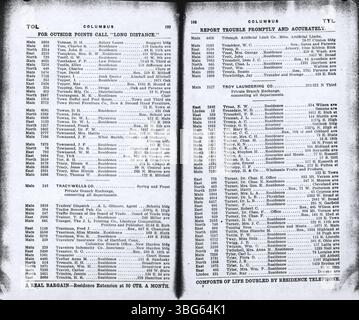Das Telefonverzeichnis der Columbus Central Union im Oktober 1908 enthält alphabetisierte Listen von Haushalten und Unternehmen in Columbus und benachbarten Gebieten wie Grove City, Hilliard, Linden, Westerville und West Jefferson. Stockfoto