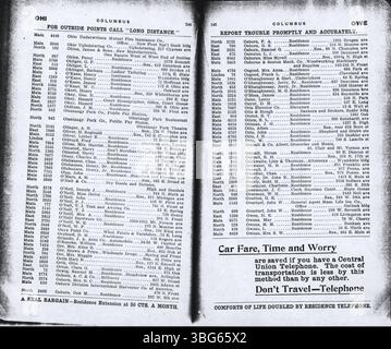 Das Telefonverzeichnis der Columbus Central Union 1908, alphabetisch nach Nachnamen geordnet, enthält Einträge aus Columbus und den nahegelegenen Städten wie Grove City, Hilliard, Linden, Westerville und West Jefferson. Stockfoto