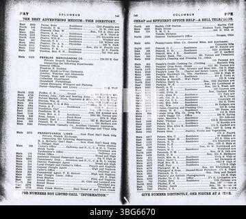 Das Telefonverzeichnis der Columbus Central Union vom Oktober 1908 enthält alphabetische Einträge für Einwohner, Unternehmen und umliegende Gebiete wie Grove City, Hilliard, Linden und West Jefferson. Stockfoto