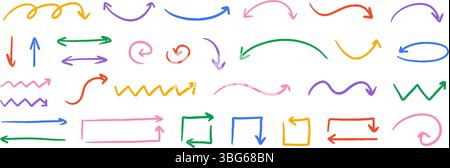 Handgezeichnete Buntstift-Pfeilsammlung. Farbenfrohe geschwungene Pfeile im Zickzack und gewellte Kritzelpfeile. Zeiger und Richtungslinien in anthrazitfarbenen Skizzen. Pinselstrichelemente für Vektor-Pastellstifte, Kreide oder Markierpinsel Stock Vektor