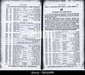 Das Telefonverzeichnis der Columbus Central Union im Oktober 1908 enthält Auflistungen von Unternehmen und Haushalten aus Columbus und Umgebung, alphabetisch nach Nachnamen geordnet. Stockfoto