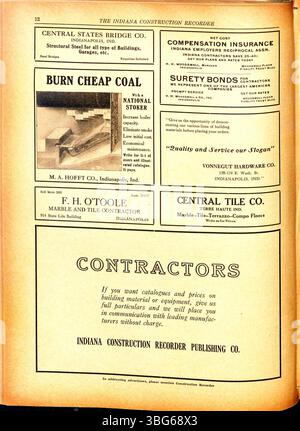 Die Ausgabe des Indiana Construction Recorders vom 14. Juni 1919 enthält Neuigkeiten und Updates zu Bauverbänden in Indiana, einschließlich Informationen über Materialien, Lieferungen und vergebene Aufträge für Bauprojekte. Stockfoto