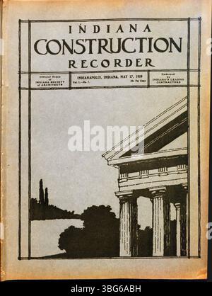 Seite 1 des Indiana Construction Recorders vom 17. Mai 1919 enthält Details zu Bauverbänden, Werbung für Baumaterialien und vergebenen Bauaufträgen in ganz Indiana. Stockfoto