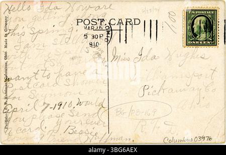 Farbpostkarte der Todeskammer im Ohio Penitentiary in Columbus, Ohio, zeigt den Hinrichtungsraum mit sichtbarem elektrischen Stuhl. Stockfoto