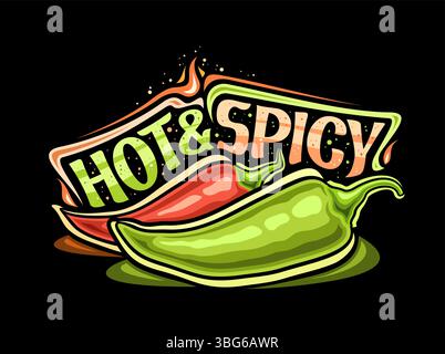 Vektor-Logo für heiß und würzig, horizontales Poster mit Zeichentrickdesign zwei heiße Chili-Paprika, brennende dekorative Blüten und einzigartige Pinselbeschriftung f Stock Vektor