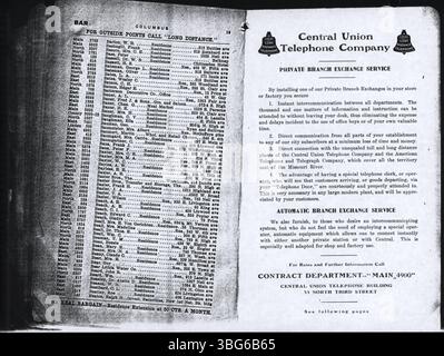 Das Telefonverzeichnis der Columbus Central Union 1908 enthält Kontaktinformationen für Haushalte und Unternehmen in Columbus und den umliegenden Gebieten, einschließlich Grove City, Hilliard, Linden, Westerville, und West Jefferson. Stockfoto
