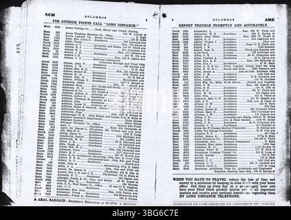 Seite 6 des Telefonverzeichnisses der Columbus Central Union 1908 führt die alphabetische Aufzeichnung der Abonnenten fort, mit Abdeckung von Columbus und benachbarten Städten. Stockfoto