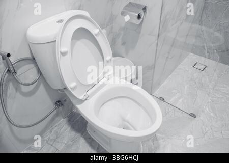 Saubere, moderne Toilette, Bidet-Dusche im Hotelbad, Toilettenhygiene mit rostfreiem Bidet-Spray Stockfoto