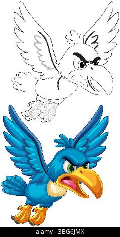 Eine farbenfrohe Nashornvogel-Illustration mit auffälligen Linien und ausdrucksstarken Elementen, die dynamische Bewegungen und lebendige Farbtöne zeigt Stock Vektor