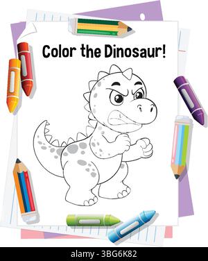 Vektor-Illustration einer Dinosaurier-Malseite umgeben von bunten Buntstiften, ideal für Aktivitäten für Kinder Stock Vektor