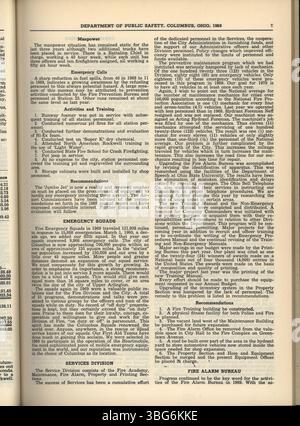 Der Jahresbericht 1969 der Stadt Columbus enthält finanzielle Details zu den Einnahmen und Ausgaben der Stadt, einschließlich Berichte des Stadtverwalters, des Stadtschatzmeisters und des Komitees der Wege und Mittel. Stockfoto