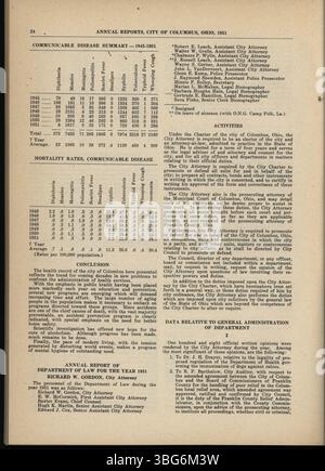 Diese Seite des Jahresberichts der Stadt Columbus 1951 enthält Berichte über Einnahmen und Ausgaben, mit zusätzlichen Details vom Committee of Ways and Means, dem Stadtschatzmeister und dem Stadtschatzmeister. Stockfoto