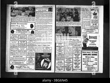 Diese Seite des Ohio State Sentinel vom 12. Januar 1957 zeigt den Fokus der Zeitung auf Themen, die die afroamerikanische Gemeinschaft in Columbus, Ohio, betreffen. 1949 gegründet, thematisierte sie lokale und staatliche Nachrichten, einschließlich kultureller und sozialer Themen, die für die Schwarze Bevölkerung von Bedeutung waren. Stockfoto