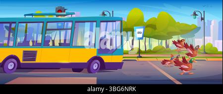 Enten fliegen von der Stadtstraße in der Nähe des gelben Busses. Braune Vögel breiten Flügel aus, die von der Stadtstraße mit grünem Park entkommen, hinter Bänken. Cartoon-Szene mit Wasservögeln fliegen weg von den öffentlichen Verkehrsmitteln der Stadt. Stock Vektor