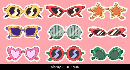Retro Sonnenbrillen Sticker Kollektion - farbenfrohe Brillenfassung mit Blitz, Stern und Herz, runde und quadratische Partybrille, Vintage-Objektive, Brillen für Sommer-Mode-Accessoires in Pink Stock Vektor