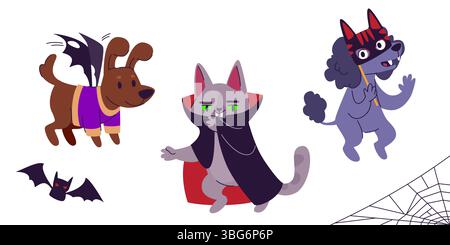 Lustige Haustier Halloween Kostümsammlung - Hund als Fledermaus mit Flügeln gekleidet, Katze trägt Vampirmantel, Pudel mit Karnevalsmaske. Niedliches Tier, bereit für Trick- oder Treatment-Party für festliche Feierlichkeiten Stock Vektor