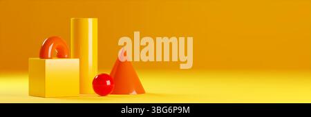 Spielzeugkomposition mit leuchtenden geometrischen Formen in Orange und Gelb. Hochglanzzylinder und Dreieck, Würfel und Bogen auf hellem BG. Moderne pädagogische Bausteine für Kinder spielen. Stock Vektor