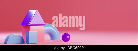 Bunte geometrische Bausteine auf rosafarbenem Hintergrund - glänzend lila Pyramidendach, blauer Bogen, Würfelformen und Kugelspielzeug. Moderne 3D-Konstruktionselemente für Kinder, pädagogisches Spiel, Stapelspiel Stock Vektor