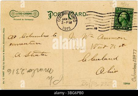 Eine farbige Postkarte, die den elektrischen Stuhl im Ohio Penitentiary in Columbus, Ohio, darstellt, einem historisch bedeutsamen Ort, der mit der Todesstrafe in Verbindung gebracht wird. Stockfoto