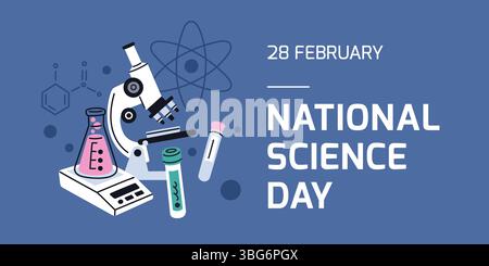 Poster zum Wissenschaftstag. Laborwerkzeuge für Chemie oder Biologie, Experimente und Testelemente, Kolben und Mikroskope, Wissenschaft, Medizin und Forschung Stock Vektor