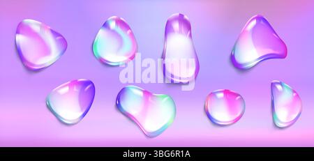 Holografische Tropfenformen in leuchtenden Farbverläufen von Lila bis Blau. Glänzende unregelmäßige ovale von Flüssigkeitsspritzern oder Kieselsteinen. Abstrakte futuristische Designelemente. Irisierender dekorativer Vektor. Stock Vektor