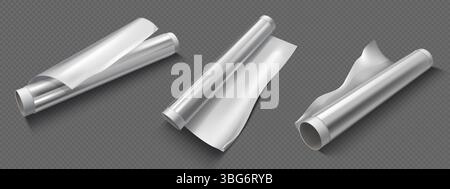 Aluminiumfolienrollen, isoliert auf transparentem Hintergrund. Realistische Vektor-Illustration von silbernen Papierbögen im Rohr für das Kochen, Küchenverpackung für das Backen von Lebensmitteln, industrielles Verpackungsmaterial Spule Stock Vektor