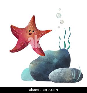 Fröhliche rote Seesterne mit Blasen, Algen und Felsen in einer Aquarellszene unter Wasser. Handgezeichnete digitale Illustration im niedlichen Kinderstil. I Stockfoto