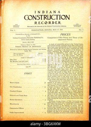 Seite 4 des Indiana Construction Recorders vom 17. Mai 1919 enthält Werbespots für Baumaterialien und -Lieferungen, vergebene Bauaufträge und Details zu Bauverbänden in Indiana. Stockfoto