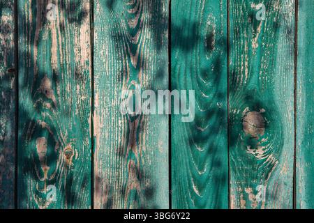 Altgrün lackierte Holzbretter mit abblätternder Farbe, sichtbarer Holzmaserung und natürlichen Texturen. Sonnenlicht wirft weiche Schatten über die Oberfläche, ideal für Stockfoto