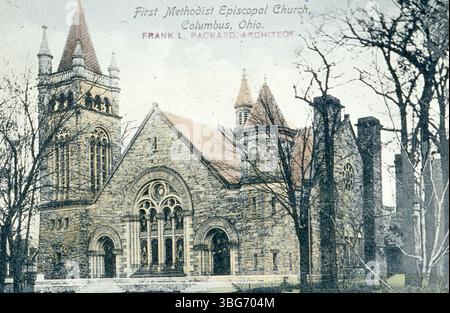 Dieses Farbfoto aus dem Jahr 1913 zeigt das Äußere der First Methodist Episcopal Church in Columbus (Ohio), die am 4. Februar 1900 geweiht wurde und die Bauarbeiten im Jahr 1898 beginnen. Die Architekten waren Frank Packard und Joseph Yost. Stockfoto