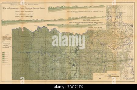 Diese geologische Karte aus dem Jahr 1890 zeigt die Coal Region von Indiana, insbesondere Sheet E, die Pike, Dubois und Teile der Countys Gibson, Orange und Crawford umfasst. Es umfasst einen vertikalen Querschnitt durch Township 3 South, der die Geologie der Countys Pike und Dubois veranschaulicht. Der Kartenmaßstab ist 2 Meilen = 1 Zoll, mit einer vertikalen Skala von 1 Zoll = 400 Fuß. Stockfoto