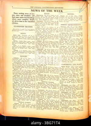 Der Indiana Construction Recorder vom 24. Mai 1919 ist die offizielle Publikation der Indiana Society of Architects and Construction Contractor Association. Es enthält Informationen über Bauverbände in Indiana, Baumaterialien, Lieferungen, Werbung, vergebene Aufträge und Bauprojekte. Stockfoto