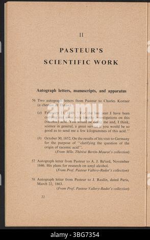 Seite 19 des illustrierten Katalogs zur Pasteur-Ausstellung in South Kensington, London, befasst sich mit den wissenschaftlichen Beiträgen von Louis Pasteur, die vom 9. April bis 26. Mai 1947 ausgestellt wurden. Die Ausstellung fand ursprünglich in Paris statt und zeigt Beiträge der Wellcome Historical Society. Stockfoto