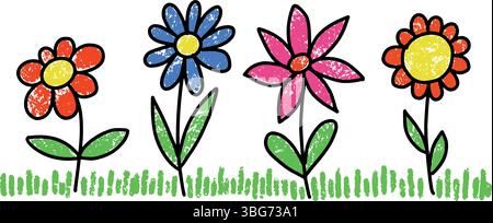 Buntstift Blumen Set. Farbige Bleistift- und Pastellkreide Vektor-Frühlingsblumenillustration mit Schmetterling. Handgezeichnete Kinder süßes Gemälde. Pflanzen mit Stock Vektor