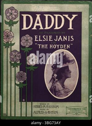 Das Cover von „Daddy“ aus dem Jahr 1907 zeigt eine Profilansicht von Elsie Janis, die einen großen Hut trägt. Die linke Seite des Porträts ist mit Stift- und Tuschzeichnungen von Blumen geschmückt. Stockfoto