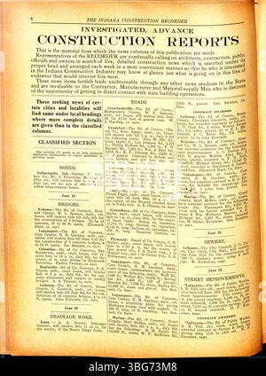 Der Indiana Construction Recorder, Ausgabe vom 14. Juni 1919, sammelt Updates von Baustofflieferanten, vergebene Bauaufträge, Branchenanzeigen und Hinweise von Indianas Architektur- und Bauunternehmerverbänden. Stockfoto