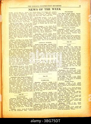 Diese Ausgabe des Indiana Construction Recorders vom 14. Juni 1919 enthält Neuigkeiten über Baumaterialien, Baumaterialien und Details zu vergebenen Aufträgen für Bauprojekte in ganz Indiana. Stockfoto
