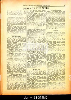 In dieser Ausgabe des Indiana Construction Recorders vom 17. Mai 1919 werden Details zu vergebenen Bauaufträgen und Baumateriallieferungen für Projekte in ganz Indiana sowie Anzeigen lokaler Auftragnehmer bereitgestellt. Stockfoto