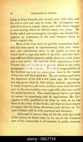 Dieser Abschnitt von A.W. Livingstons Arbeit von 1893 konzentriert sich auf seine Entdeckung von Tomatensorten und bietet Landwirten praktische Anleitungen zum effektiven Anbau. Stockfoto