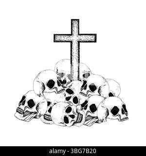 Schädelhaufen mit Kreuz. Schwarz-weiße grafische Illustration, Vektor-Gothic-Komposition für Halloween, Day of the Dead, esoterisches Konzept. Strichgrafik für Stock Vektor
