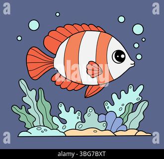 Niedliche tropisch gestreifte Fische schwimmen zwischen Algen, Korallen und Muscheln auf dem Meeresboden. Skalary. Unterwasserlandschaft. Farbige Handzeichnung. Vektorillus Stock Vektor