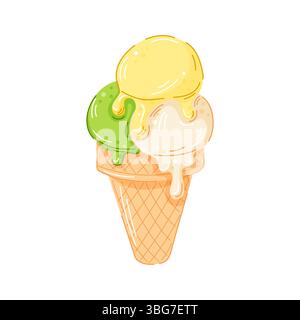 Illustration im Cartoon-Stil von drei schmelzenden Eiskegeln mit Zitronen-, Vanille- und Pistaziengeschmack. Perfekt für Dessertmenü, Sommerverpackungen Stock Vektor